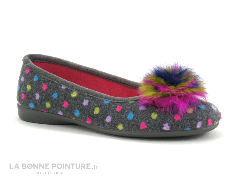 Zels 2378 Gris - Pois Et Pompon Multicolores - Pantoufle Ballerine 3 Zels 2378 Gris - Pois Et Pompon Multicolores - Pantoufle Ballerine